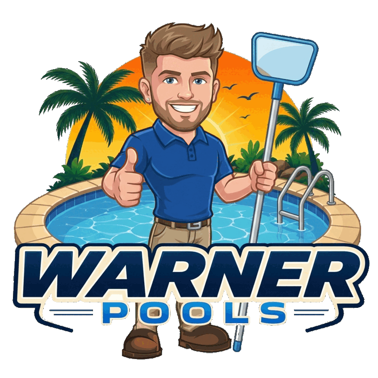 Cartoon mascot illustration of Dillion Warner, owner of Warner Pools, holding a pool skimmer